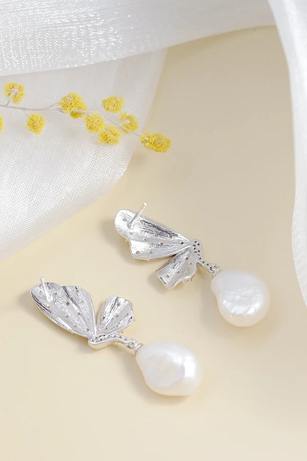 Authentic 925 Sterling Silver Earring Trendy Creative Butterfly Inlaid Natural Baroque Pearl Earring Elegant Lady Jewelry Gift