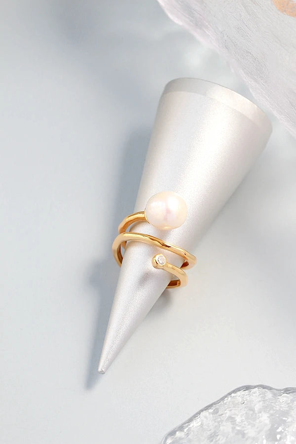 Natural Freshwater Baroque Pearl Ring Retro Style 925 Sterling Silver 18K Gold Plated Fashion Women Opening Adjustable Rings