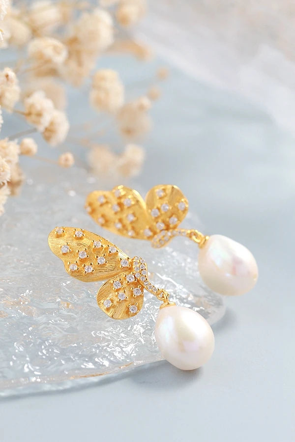 Creative Trendy 18K Gold Plated Butterfly Inlaid Natural Baroque Pearl 925 Sterling Silver Earring Female Fine Jewelry Gift