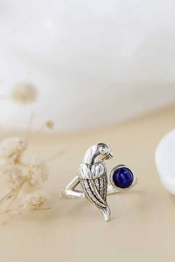 Authentic 925 Sterling Silver Rings Inlaid Natural Lapis Retro Style Creativ Little Parrot Opening Ring Women Jewelry Gift