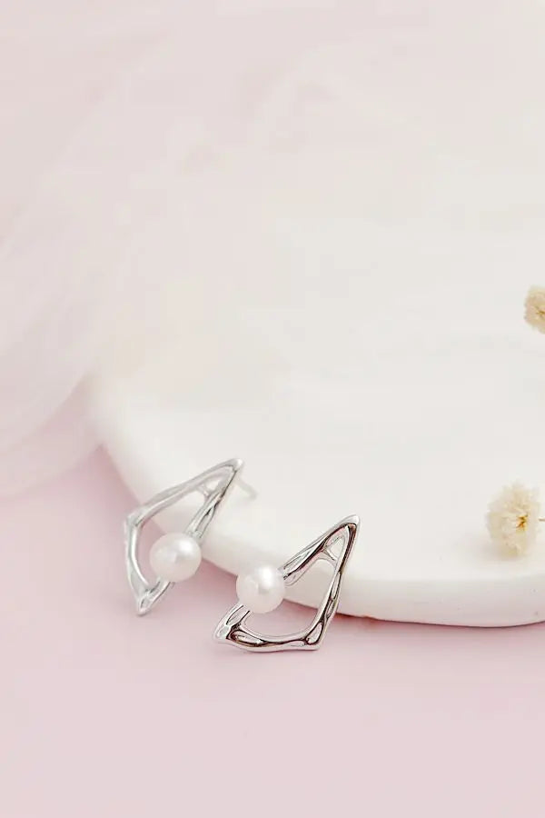 Authentic 925 Sterling Silver Earring Inlaid Natural Freshwater Pearl Triangle Earring Geometry Creative Trendy Jewelry Gift