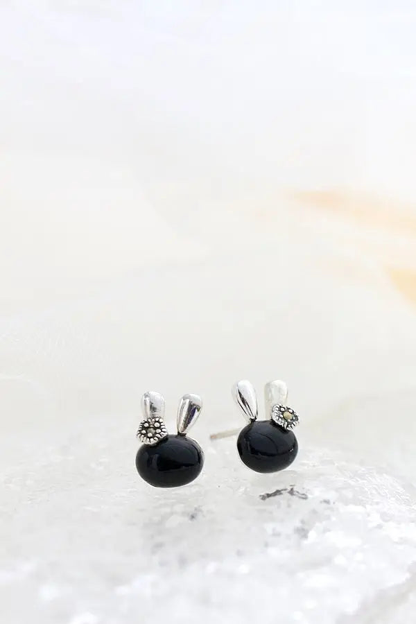 Authentic 925 Sterling Silver Little Earring Cute Bunny Head Inlaid Natural Black Agate Earring Lady Trendy Style Jewelry Gift