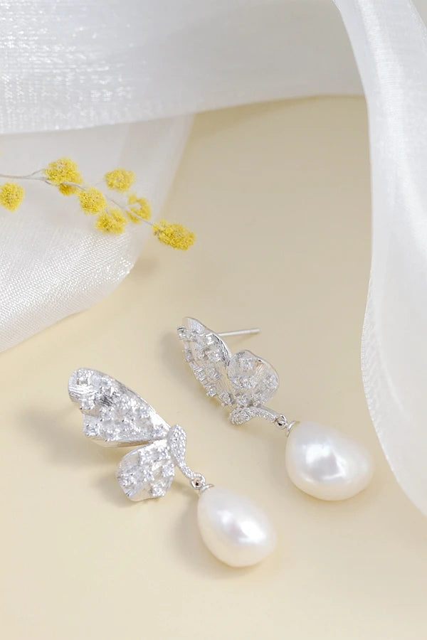 Authentic 925 Sterling Silver Earring Trendy Creative Butterfly Inlaid Natural Baroque Pearl Earring Elegant Lady Jewelry Gift
