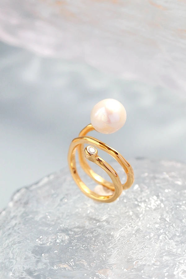 Natural Freshwater Baroque Pearl Ring Retro Style 925 Sterling Silver 18K Gold Plated Fashion Women Opening Adjustable Rings